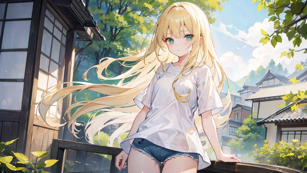 1girl, long blonde hair, green eyes, wearing plain white shirt, denim shorts, small kyoto town, absurdres, high res, ultrasharp, 8K, masterpiece, looking at viewer