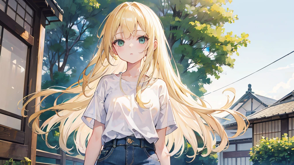 1girl, long blonde hair, green eyes, wearing plain white shirt, denim shorts, small kyoto town, absurdres, high res, ultrasharp, 8K, masterpiece, looking at viewer