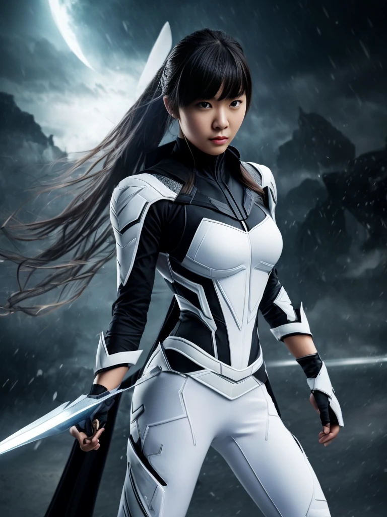 superhero, 19 years, modern super hero costume, white suit, white bat costume, style like the black mouse suit and the Batman suit, suit for girl, ninja, with a Chinese sword, Beautiful Chinese woman, Chinese woman with bangs, courageous character, Kind, Brave, determination, on the battlefield, atmospheric perspective, Motion blur, optical illusion, Dithering, 8K, super detailing, Best quality, uhd, high detail, DC стиль, DC вселенная