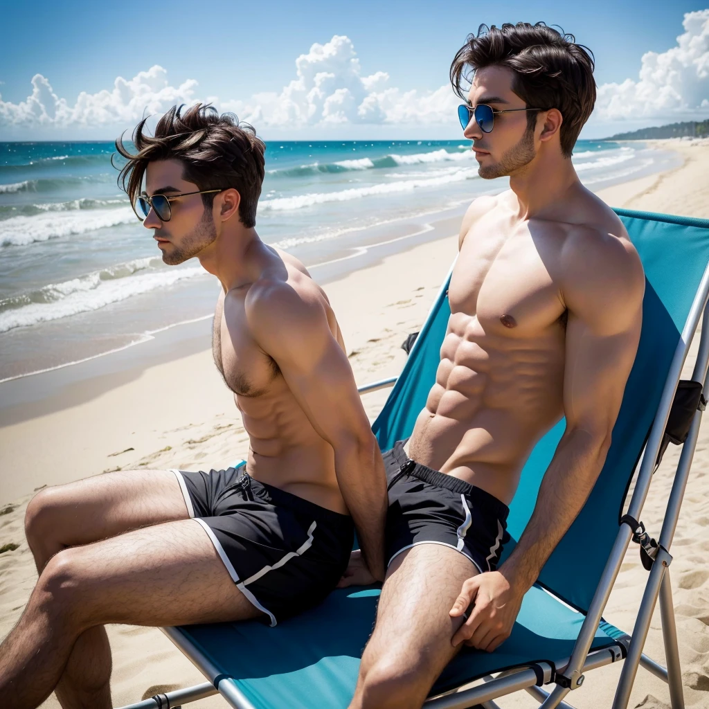 Brunette man sitting alone in a beach chair on the sand, wearing knee-length shorts, looking at the sea in the distance, sunglasses, man strong, Sculpted body, PICTURE REALISTIC, work of art, best qualityer