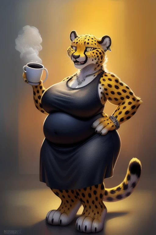 A captivating painting of a cheetah, reminiscent of Muggur's style in furry art, holding a steaming cup of coffee in its paws. Drinking. The cheetah's teeth shine brightly in a smiling monster expression, while her eyes twinkle with amusement. The gritty background, inspired by Andrey Gordeev and The Lorax, exudes an air of rusticity and charm. The fur on the cheetah's body is intricately detailed, giving it a playful and endearing appearance. Skottie Young's influence is evident in the rendering, which boasts perfect wide long shot visuals, making the painting a masterpiece of wet fur and sensuality. Female cheetah, fat, fat belly, fat thighs, fat arms, lovehandles, big breasts, silver eyes, golden yellow fur, black cheetah markings, silver dress, silver earrings, silver bracelets, silver rings, silver necklaces
