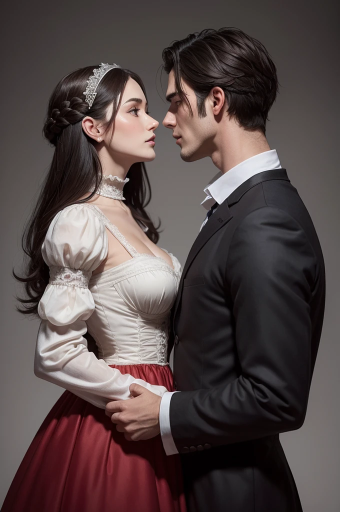 A 2d illustration of a medieval couple. The woman has black hair, longos e ondulados, his skin is white, slightly tanned and his eyes are brown. She wears a black mask under her eyes and a low-cut red Victorian dress.. the man has brown hair, dark eyes and white skin, he is taller than the woman and strong, wears a gray Victorian suit, has a well-marked chin. They are giving a passionate kiss.
