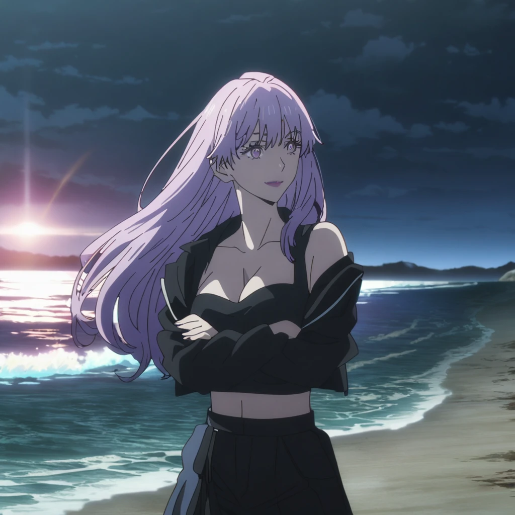 1girl, female gojo satoru, anime screencap from jujutsu kaisen, gojo satoru female version, solo, long_hair, purple eyes, ((violet_hair)), beach view, ocean in background, breasts, upper_body, smile, ((Thick hair)), very long hair, purple_eyes, lips, ((Thick hair)) ((wearing crop top and off the shoulder jacket, cleavage)), breast, "very detailed and high resolution" (purple eyes) ((cross arms)) ((long hair)) ((solo)) ((high resolution)) ((full body)) ((Good quality)) ((high-resolution)) ((best quality)) ((night)) ((straight hair))