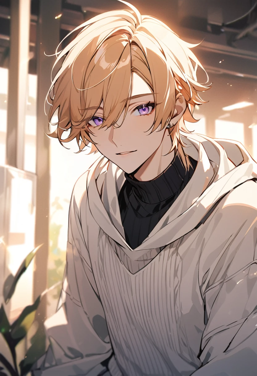 handsome, solo, 1 male, light orange hair, short hair with bangs, light purple eyes, ivony sweater, white hood, modern.