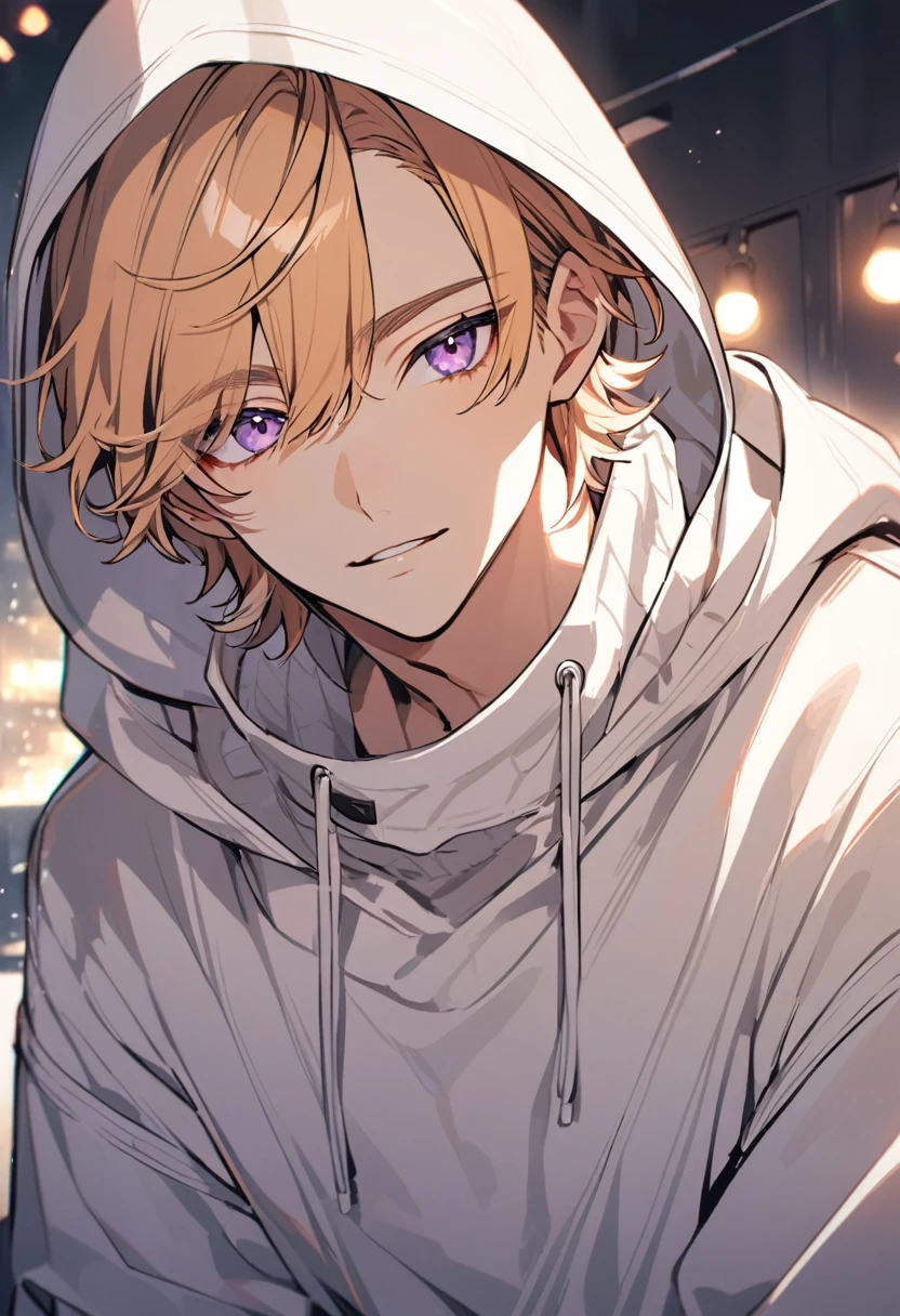 handsome, solo, 1 male, light orange hair, short hair with bangs, light purple eyes, ivony sweater, white hood, modern.