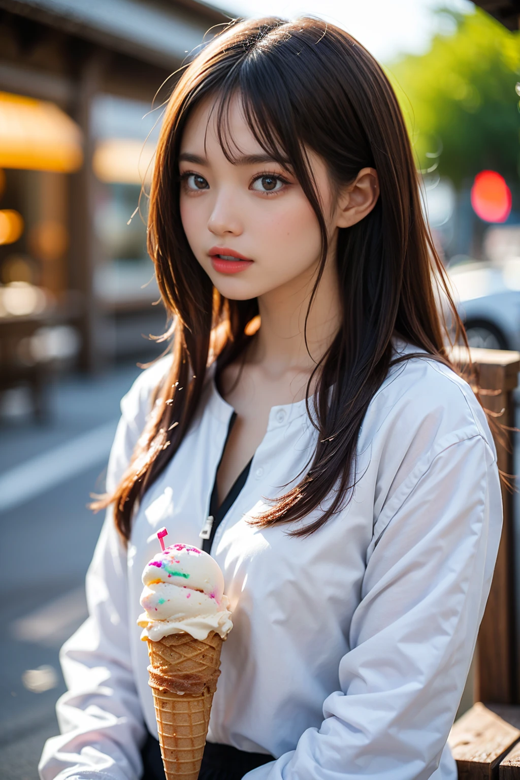 Japanese kawaii woman, ((licking ice cream)), ice cream cone, (holding ice cream cone: 1.4), mouth open, (tongue out: 1.3), short hair, natural makeup, melting ice cream, looking at me, brown hair, soft lips, teeth, Highly detailed CG integrated 8k wallpaper, high resolution, realistic photography, cinematic light, (best quality: 1.4), high quality, (((bokeh))), depth of field.