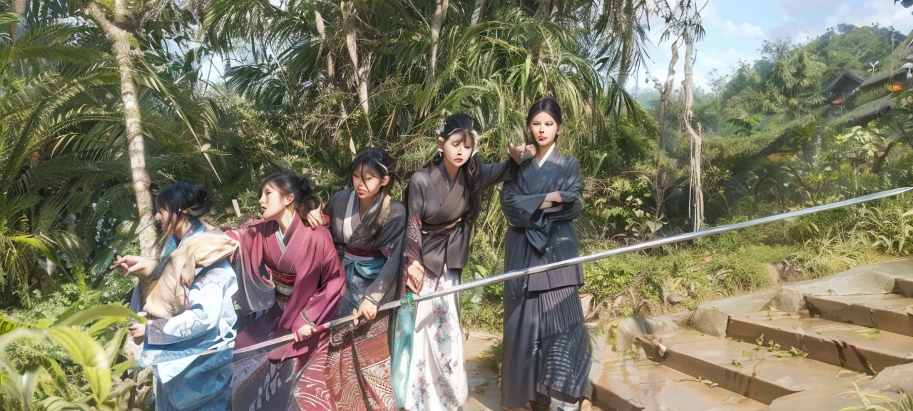 (woman swordsman、Hold the sword、Iai-no-I、Japanese Katana Sword)(Masterpiece 1.4, Best Quality 1.4),1girl in, Detailed skin、Detailed and Beautiful Face 1.4、Bow, Long hair, A dark-haired , Hair fluttering in the wind、White and red kimono、 Blood-stained kimono、Sandals、Official art, Good composition, Official Pose, detailed portrait,Clouds and mountains background, Samurai, High resolution, Dramatic lighting and shadows, snowscape、In the wooded forest