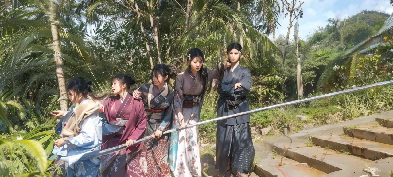 (woman swordsman、Hold the sword、Iai-no-I、Japanese Katana Sword)(Masterpiece 1.4, Best Quality 1.4),1girl in, Detailed skin、Detailed and Beautiful Face 1.4、Bow, Long hair, A dark-haired , Hair fluttering in the wind、White and red kimono、 Blood-stained kimono、Sandals、Official art, Good composition, Official Pose, detailed portrait,Clouds and mountains background, Samurai, High resolution, Dramatic lighting and shadows, snowscape、In the wooded forest