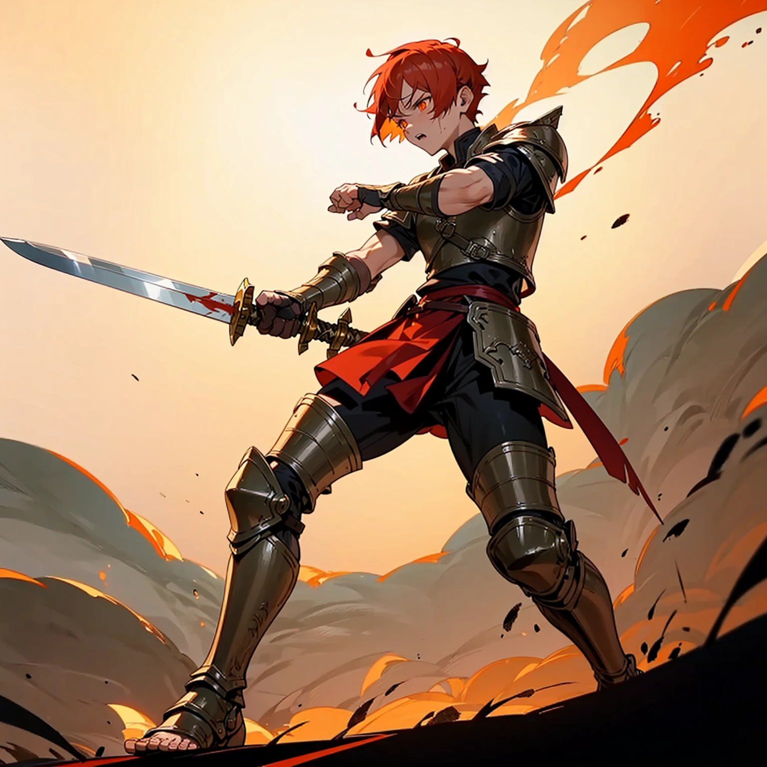 1boys, Full body version, orange eyes, undercut hair, red colour hair, very angry expression, gladiator clothing, short sleeve shirt, gladiator skirt, gold big armor body, bodybelt, gladiator sandals, Spatha sword in hand, (war gesture), Grassroots background in war, Full background, night, moonlight behind, moonlight silhouette, explosion, fire, fire background, blood on face, blood on sword, blood on armor, fire sword