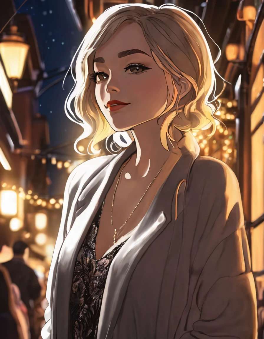 A grown woman, late twenties age, standing up, beautiful, alluring nightlife attire, cozy lighting, cozy background, cellshading style