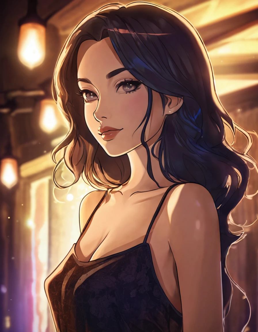A grown woman, late twenties age, standing up, beautiful, alluring nightlife attire, cozy lighting, cozy background, cellshading style