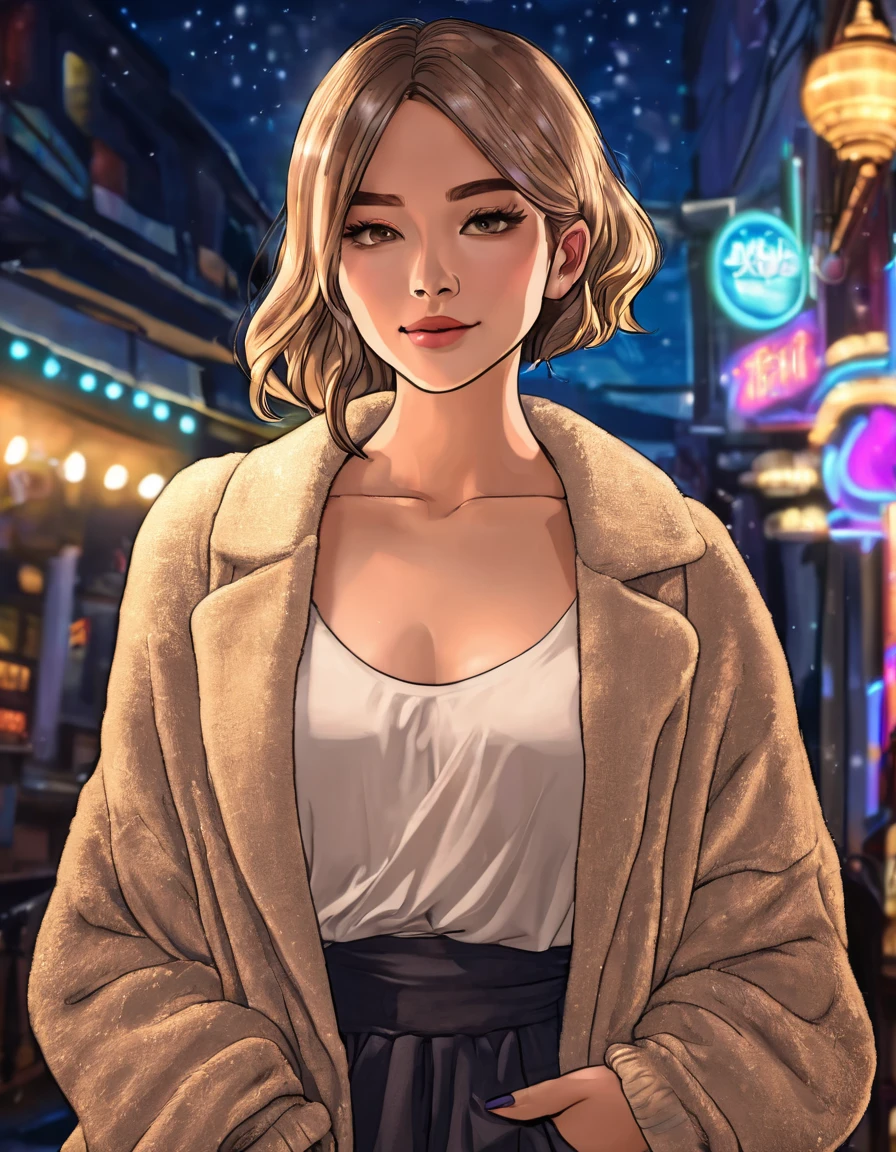 A grown woman, late twenties age, standing up, beautiful, alluring nightlife attire, cozy lighting, cozy background, cellshading style