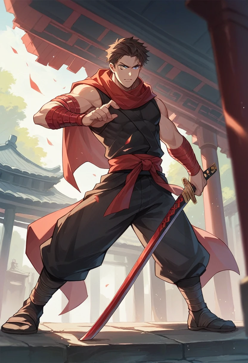  20-year-old (black man) Assassin wearing black, red arm braces, no hood red sash, brown hair blue eyes in a temple, with a dagger in his left hand and a katana in his right hand
