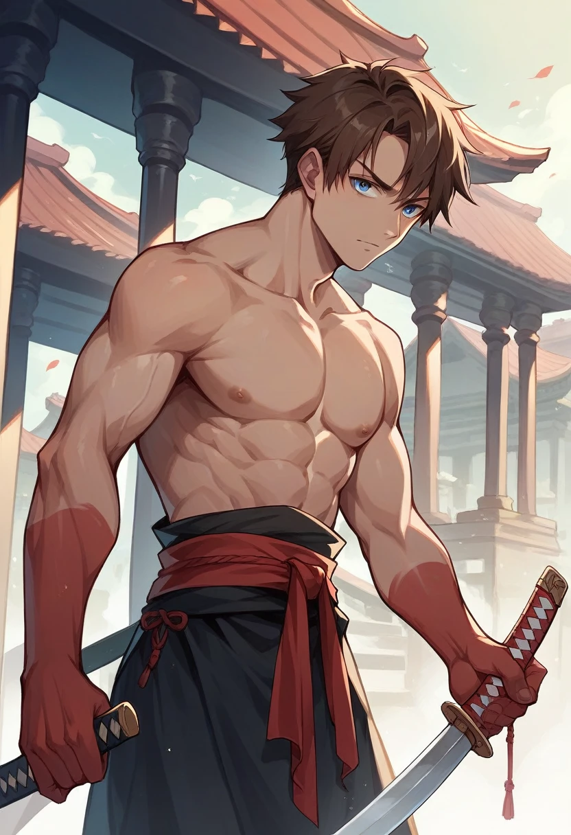 20-year-old (black man) Assassin wearing black, red arm braces, no hood red sash, brown hair blue eyes in a temple, with a dagger in his left hand and a katana in his right hand
