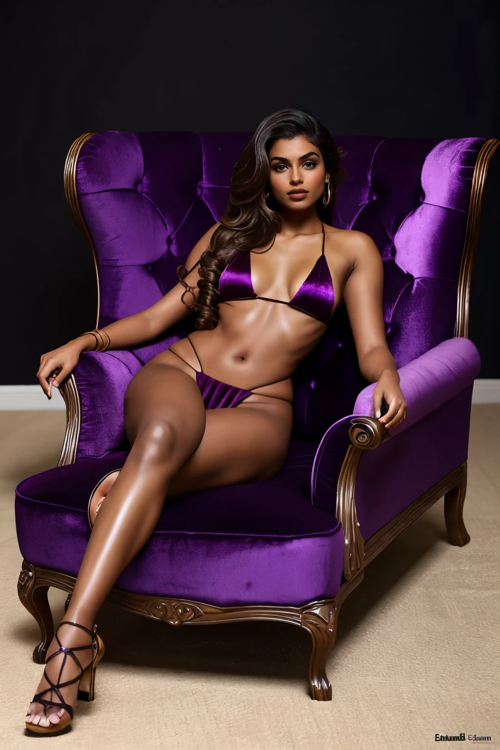 Bronze bikini cute Indian model reclining on a luxurious violet velvet chaise lounge, set against a dark background, with luscious flowing locks, curvaceous figure, ample cleavage, toned legs, and high heels, exuding confidence and glamour."