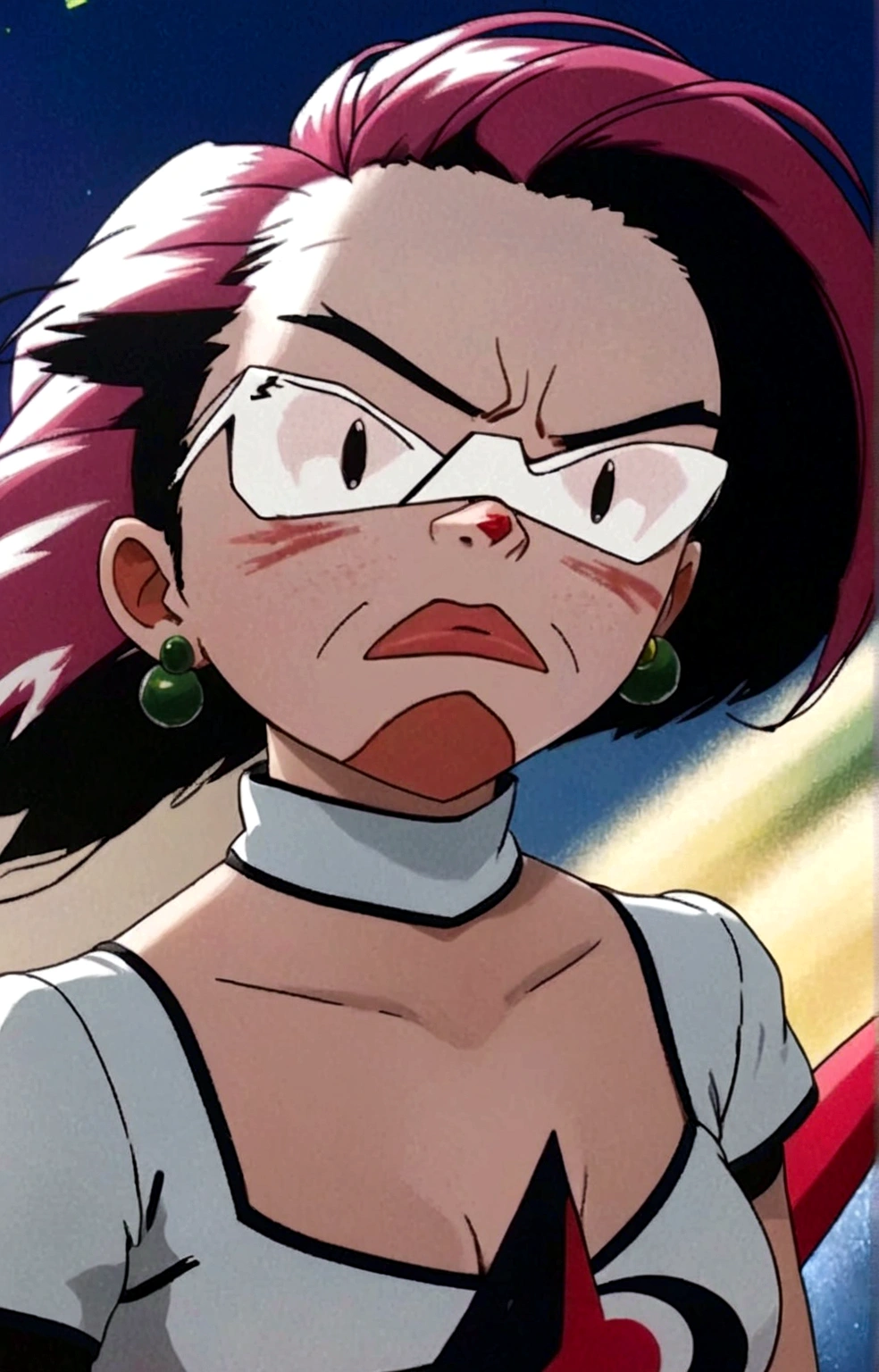 masterpiece, best quality, 1 girl, team rocket,team rocket uniform,white skirt,red letter R,crop top,black thigh-highs,black elbow gloves