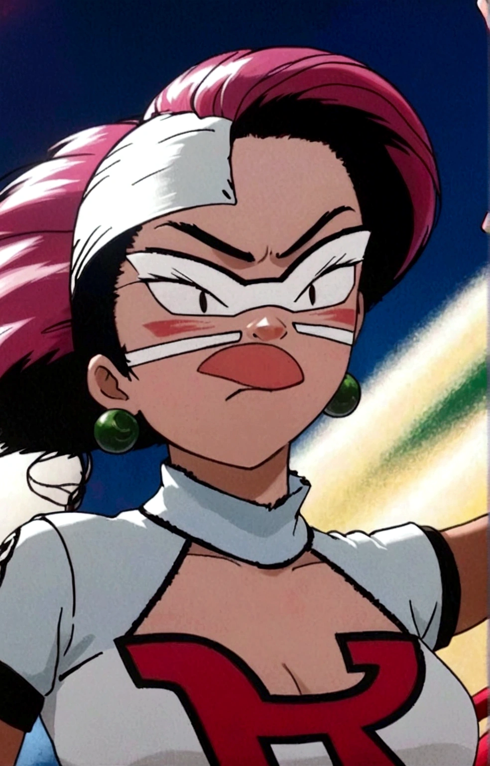 masterpiece, best quality, 1 girl, team rocket,team rocket uniform,white skirt,red letter R,crop top,black thigh-highs,black elbow gloves