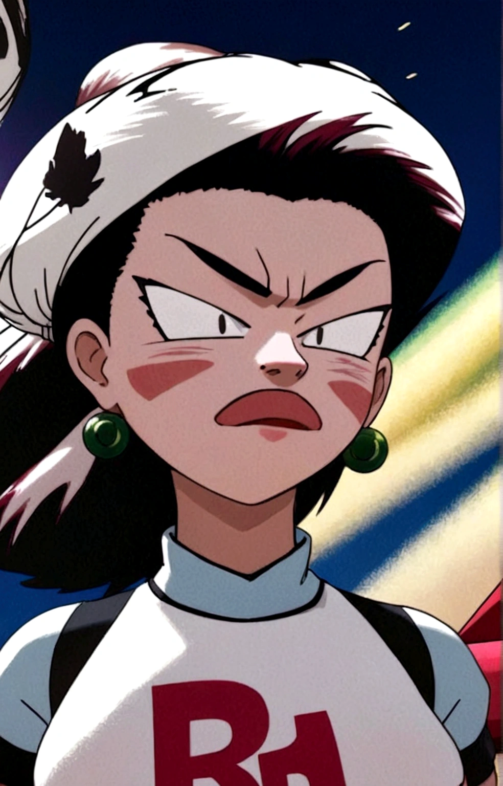 masterpiece, best quality, 1 girl, team rocket,team rocket uniform,white skirt,red letter R,crop top,black thigh-highs,black elbow gloves