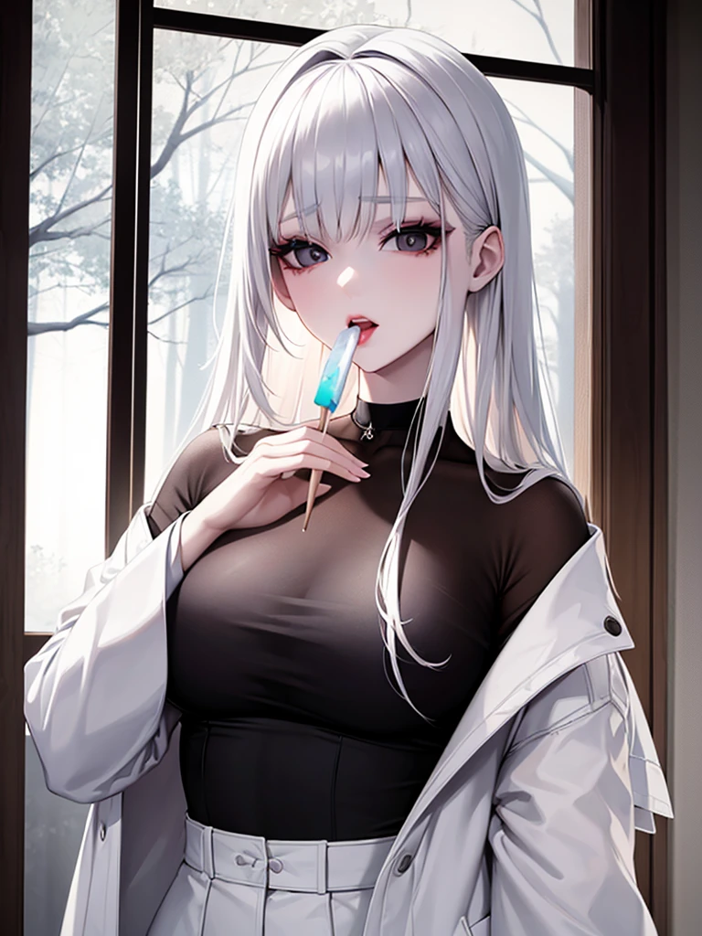 Make an albino woman, beautiful and korean, make her with black eyes looking through a window that looks out onto a clear and beautiful forest, make her wear a white coat with a black top, and make her suck a cylindrical chocolate popsicle