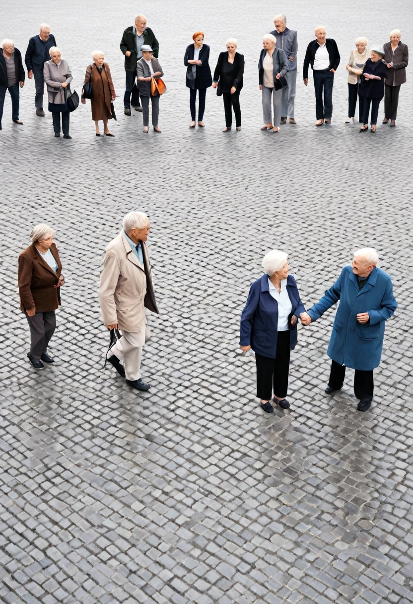 A realistic group of elderly people in a square