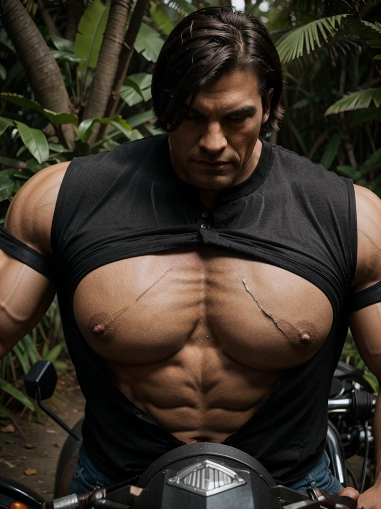 Big giant body builder wearing unbuttoned ripped chest black Satan shirt on heavy motor bike in jungle 