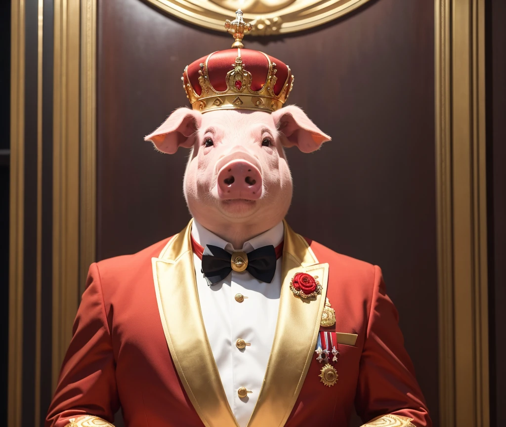 A very detailed photograph of a pig , with a crown on his head , , looking in front of the camera, fuller body, red and gold royal suit, red and gold colors, chic, attraction, with mischievous look, serious expression, in Christ the Redeemer.