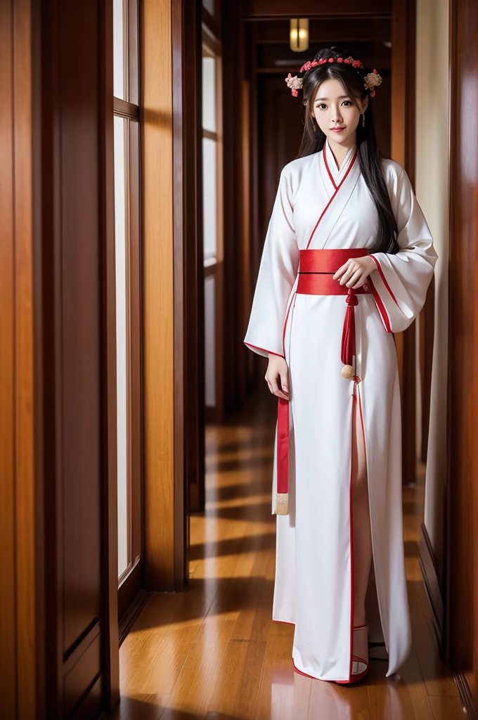 In the hallway，Wearing Hanfu，Sexy woman