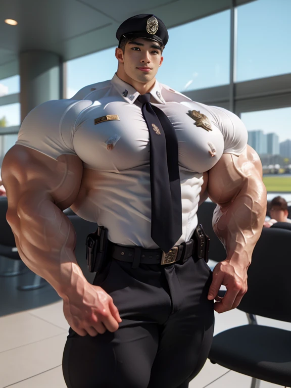 An award-winning original photo,A wild muscular man, 1boy, 1 korean male, (korean man with k-pop idol look), (big shoulders), 20yo, handsome, hyper muscle, firm, wear policeman costume & pants, big guy, brutalmass, giant muscular bodybuilder, bulk, massive body, large size, posing, stubbles, Short beard, Beautiful eyes:1.3, ), (Detailed face:1.3), (looking up:1), smilling, standing in the airport, Dynamic Angle, volumetric lighting, (Best quality, A high resolution, Photorealistic), Cinematic lighting, sunlight, Masterpiece, RAW photo, Intricate details, hdr, depth of field, photo real, illuminating light,