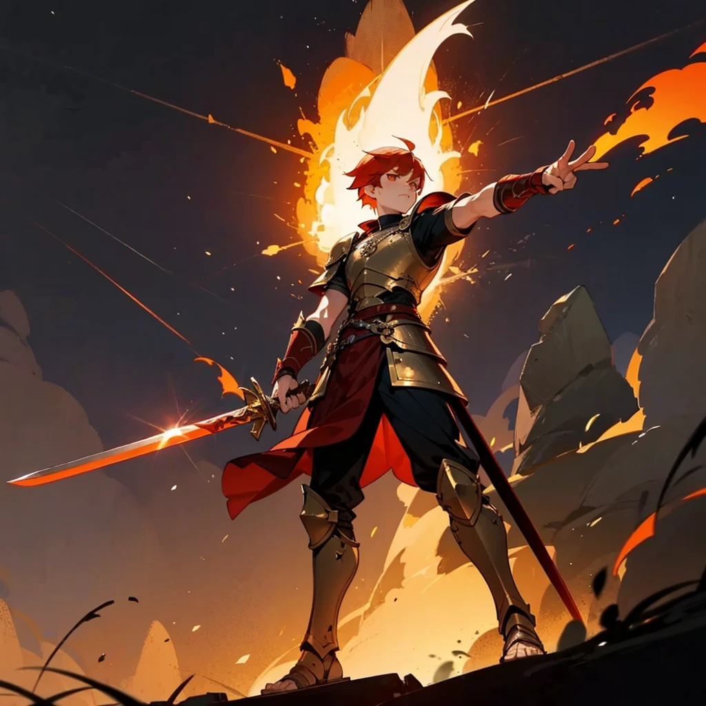 1boys, Full body version, orange eyes, undercut hair, red colour hair, very angry expression, gladiator clothing, short sleeve shirt, gladiator skirt, gold big armor body, bodybelt, gladiator sandals, Spatha sword in hand, (war gesture), Grassroots background in war, Full background, night, moonlight behind, moonlight silhouette, explosion, fire, fire background, blood on face, blood on sword, blood on armor, fire sword