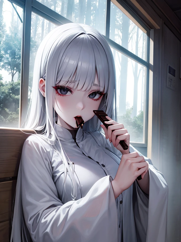 Make an albino woman, beautiful and korean, make her with black eyes looking through a window that looks out onto a clear and beautiful forest, make her wear a white coat with a black top, and make her suck a cylindrical popsicle,thick, de chocolate,