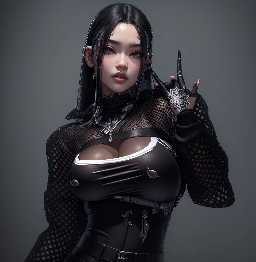 AVATAR SECOND LIFE Korean girl black blouse, Asian, two color hair, Perfect and detailed face, imvu, maximalist details, AVATAR SECOND LIFE Korean blouse and pants , neon,