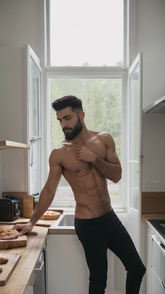 Real image of a European Turkish model man with short black hair athletic body, short beard, shirtless, black pants, preparing a meal in a kitchen with a large window. natural daylight.