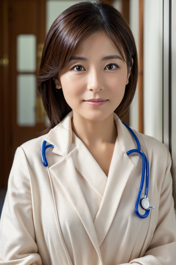 ((Highest quality)), ((masterpiece)), (detailed),Perfect Face,Japanese,Female doctor,White,Mature Woman