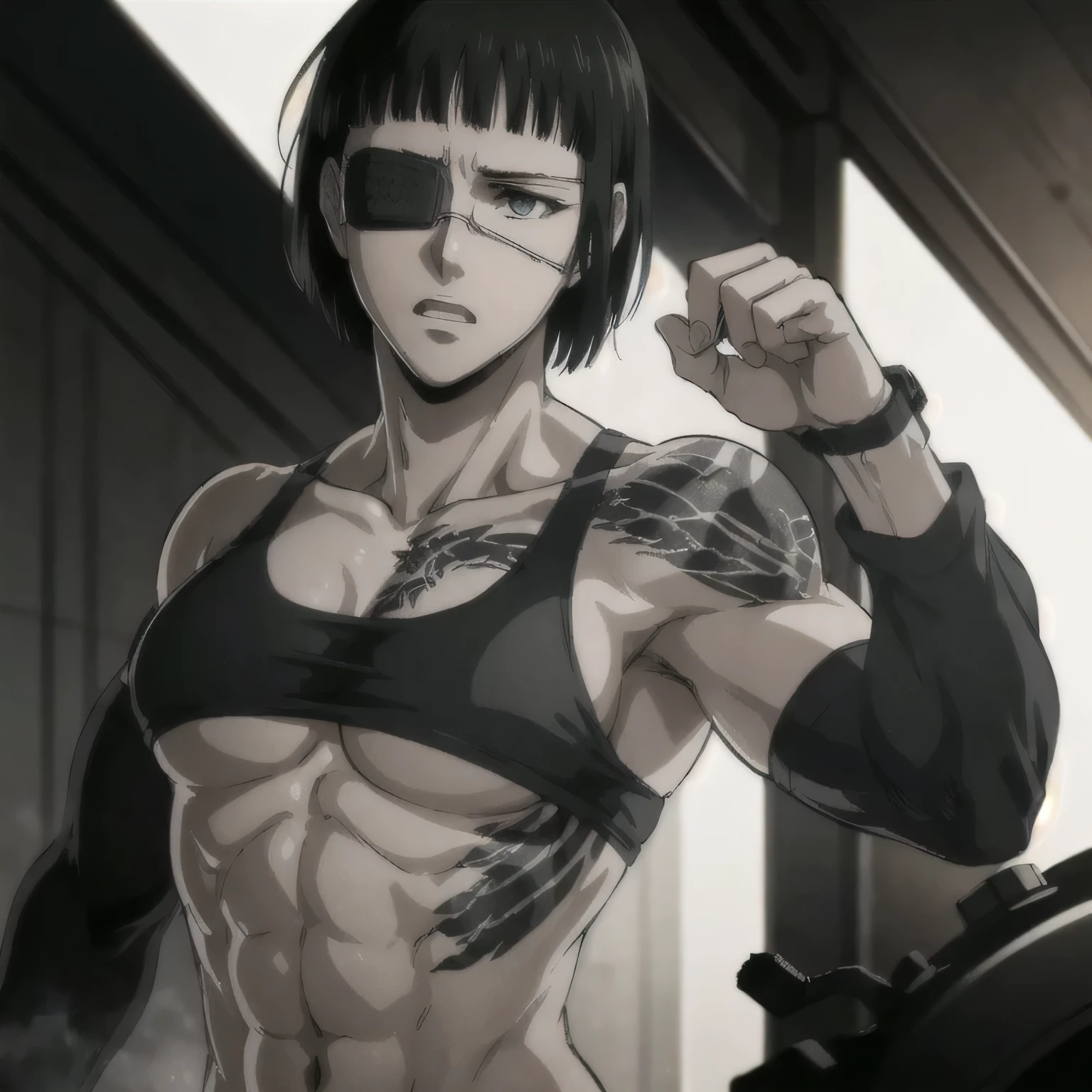 (best quality,ultra-detailed,realistic:1.37),musclaur military badass girl with sculpted body have a tattoos,wearing male underwear and tank top, full review of the female character's face and body, intense expression, strong and confident posture, studio lighting, vivid colors, physiologically-based rendering, grungy texture, rugged background, dust particles in the air, commanding presence, professional, powerful, gritty aesthetics,,Valmet،short hair,eyepatch,back from gym,Sweat,training,training pose,Sexual muscles