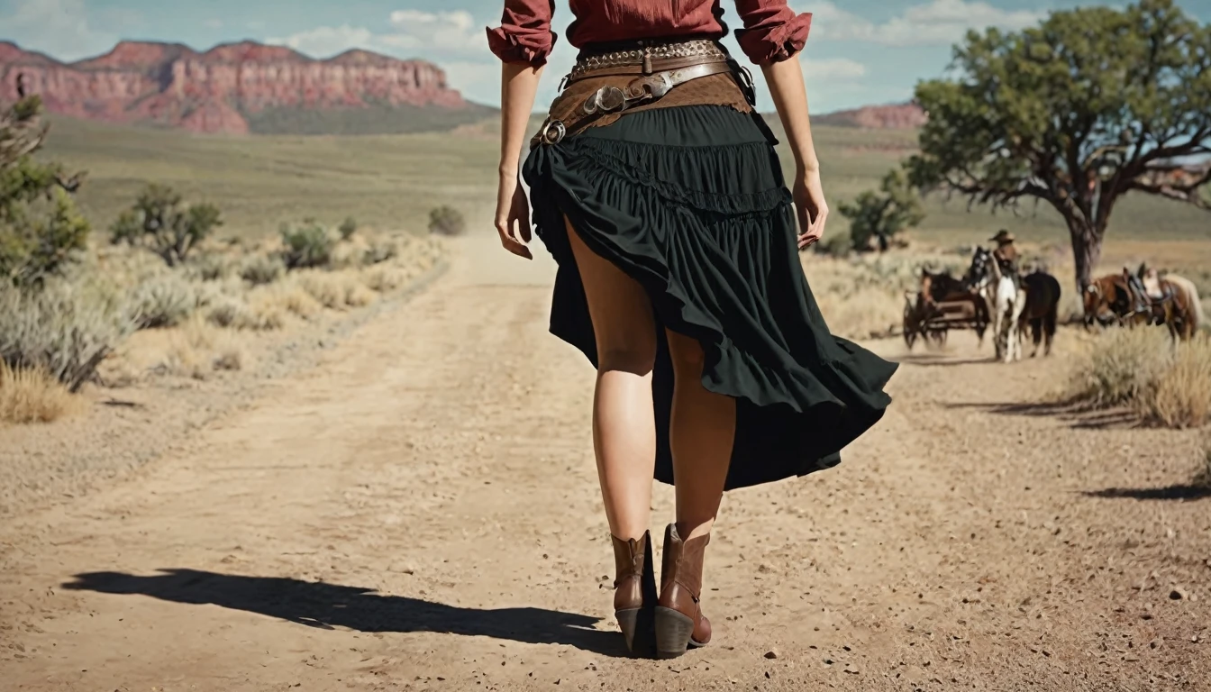 Create an image that illustrates this text: With James clinging to her skirt, she took the first steps into her new Wild West life. high definition cinematic image.
