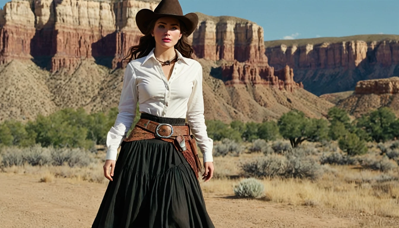 Create an image that illustrates this text: With James clinging to her skirt, she took the first steps into her new Wild West life. high definition cinematic image.