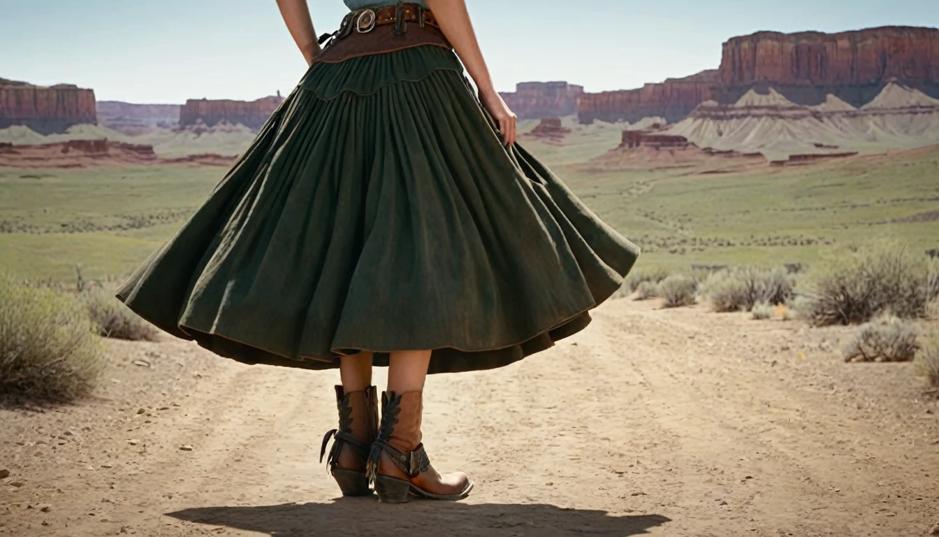 Create an image that illustrates this text: With James clinging to her skirt, she took the first steps into her new Wild West life. high definition cinematic image.