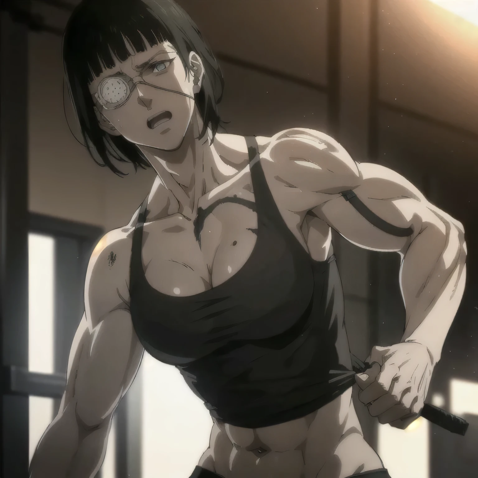 (best quality,ultra-detailed,realistic:1.37),musclaur military badass girl with sculpted body have a tattoos,wearing male underwear and tank top, full review of the female character's face and body, intense expression, strong and confident posture, studio lighting, vivid colors, physiologically-based rendering, grungy texture, rugged background, dust particles in the air, commanding presence, professional, powerful, gritty aesthetics,,Valmet،short hair,eyepatch,back from gym,Sweat,training,training pose,Sexual muscles