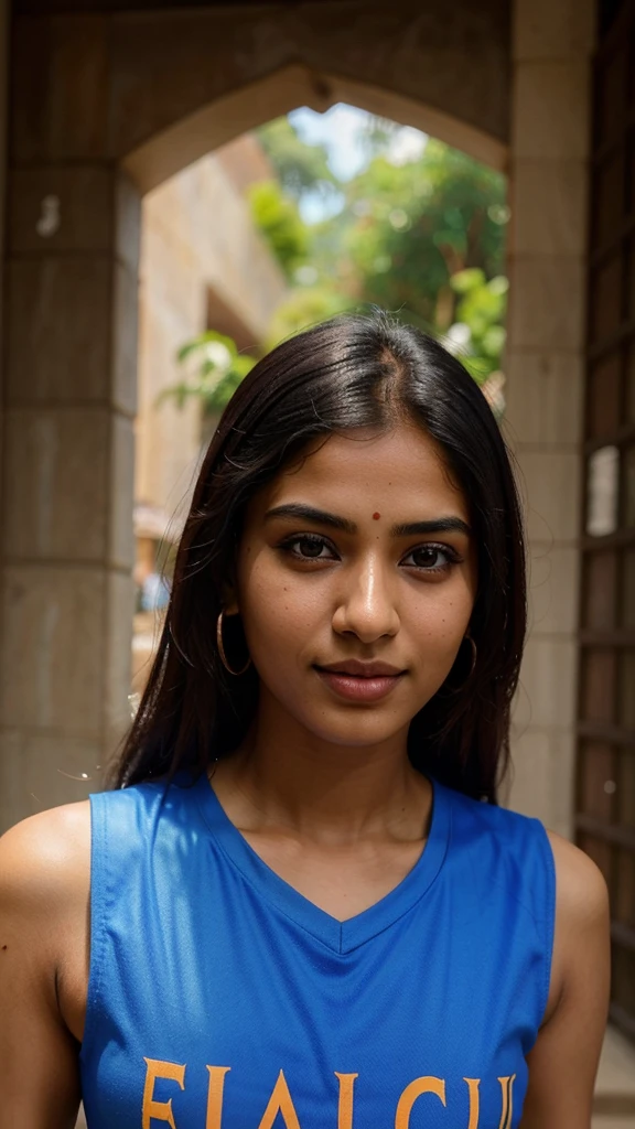 Hot sexy 23 year old indian instagram model girl, looking straight into eyes, wearing blue indian cricket tshirt, photoshoot, (intricate detailing of face eyes nose mouth full lips & body parts), textured skin, smile:0.6, eyes symmetry, face symmetry, 256K, HDR, hyper realistic, intricate detailing, yotta-pixel image,