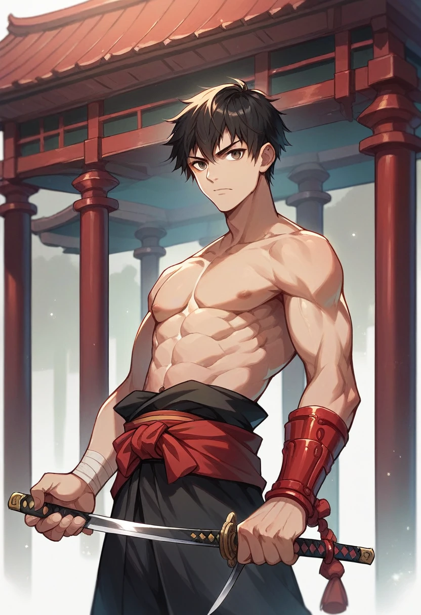  20-year-old (black man) Assassin wearing black, red arm braces, no hood red sash, black hair brown eyes in a temple, with a dagger in his left hand and a katana in his right hand