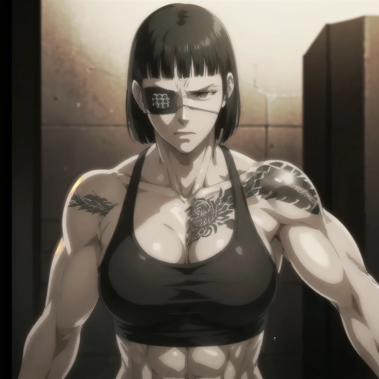 (best quality,ultra-detailed,realistic:1.37),musclaur military badass girl with sculpted body have a tattoos,wearing male underwear and tank top, full review of the female character's face and body, intense expression, strong and confident posture, studio lighting, vivid colors, physiologically-based rendering, grungy texture, rugged background, dust particles in the air, commanding presence, professional, powerful, gritty aesthetics,,Valmet،short hair,eyepatch,back from gym,Sweat,training,training pose,Sexual muscles