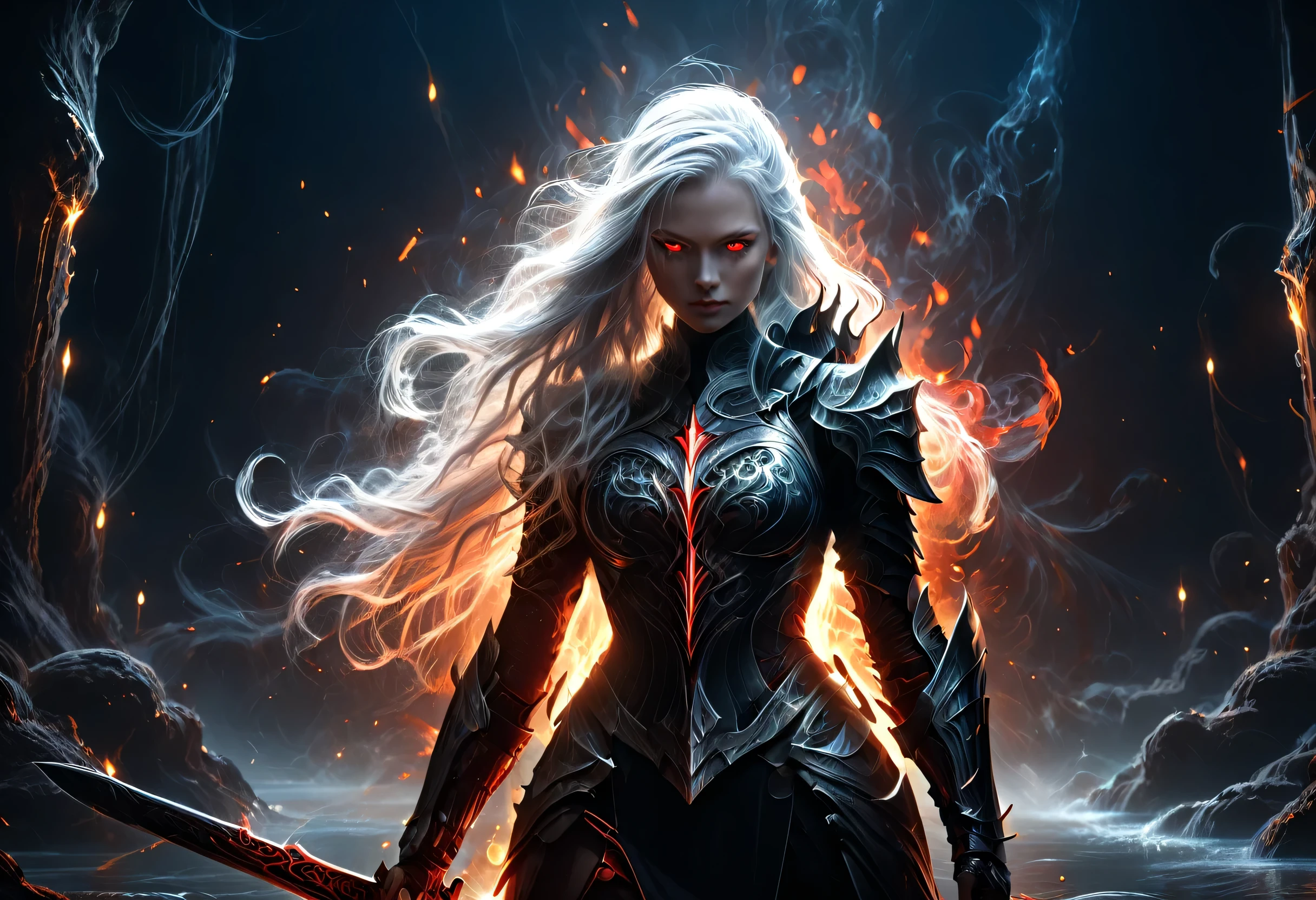 8k resolution, depth of field, photorealistic, lens flare, ((best quality)), (((intricate details))), highly detailed, (((cinematic effect))), looking at viewer,1girl,breasts,long hair, ((white hair with black highlights)), ponytail, ((glowing red eyes)), serious and severe face, ,wearing flame armor, helmet in the shape of a blood red head,holding,cleavages,V,vaporous swirls of deep black,holding weapon, sword, holding sword, night, (underworld,hells), well of cursed souls, (((the river styx background:1.5))),UHD, no anatomical defects,dark, extremely detailed, amazing quality, masterpiece, best quality, hyper detailed, ultra detailed, UHD, perfect anatomy, portrait, DOF, majestic, awesome, inspiring, cinematic, global illumination, dramatic, atmospheric haze, cinematic composition, deep shadows, death scythe,,made of mad-wsps, surrounded by glowing force magic,glowing character outline by dark aura (blue:1.5)