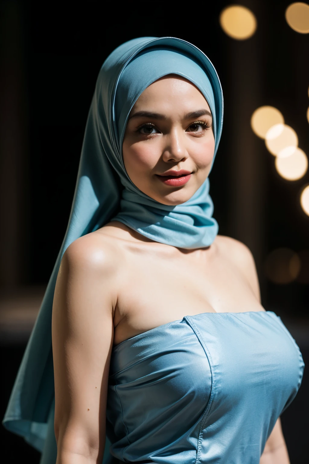 Half body potrait, Hijab, Mak Milah is 42 years old, very thin and naked at KLCC MALAYSIA, bokeh, ((Wearing Strapless)), ((Huge Breasts)) light blue, view from side seductive pose