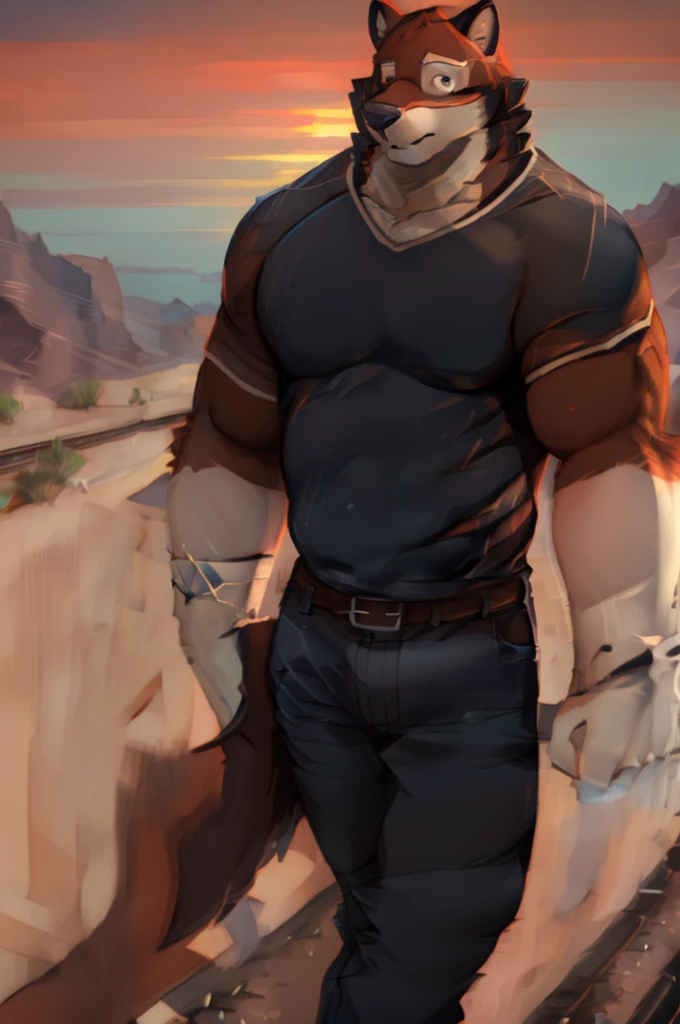 leo alvarez, muscular, bara, wolf tail, tail, (posing:1.3), (soft shading), 4k, hi res, five fingers, detailed hands, ((detailed face, (detailed eyes:1.0), detailed)), by zackarry911, by zaush, (by personalami:0.5), solo, looking at viewer, smile, shirt, red eyes, 1boy, standing, full body, male focus, outdoors, sky, barefoot, pants, hand up, black shirt, denim, sunset, jeans, waving, blue pants, railroad tracks, big bulge, with Chase (echo by echo project)