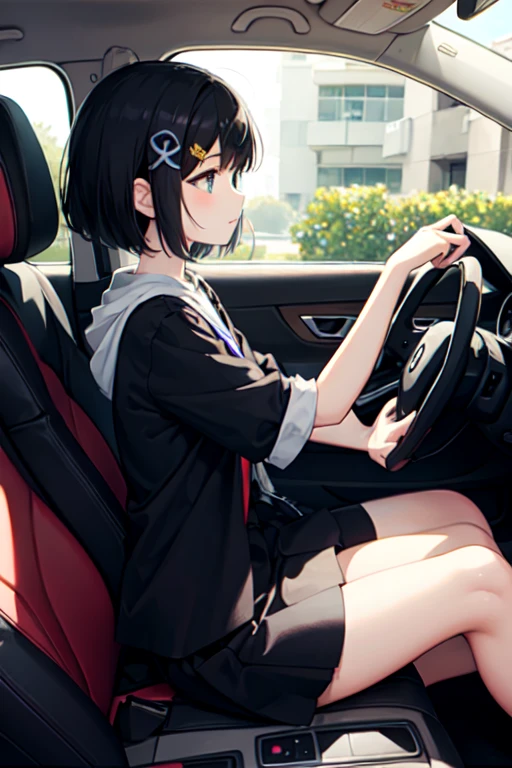 Black Hair、Iris、short hair、girl、16 years old、cute、、Small hair ornament、Red dresini skirt、driving seat、Driving a car、Behind the wheel of a car、Fasten your seatbelt、profile、