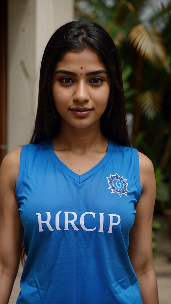 Hot sexy 23 year old indian instagram model girl, looking straight into eyes, wearing blue indian cricket world cup tshirt, photoshoot, (intricate detailing of face eyes nose mouth full lips & body parts), textured skin, smile:0.6, eyes symmetry, face symmetry, 256K, HDR, hyper realistic, intricate detailing, yotta-pixel image,