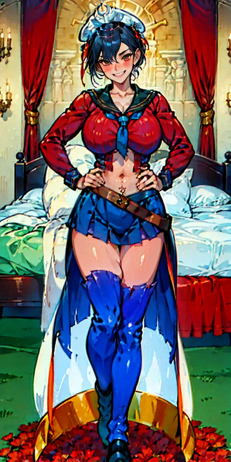 woman bodybuilder with very large calves very beautiful resemblance sailor uniform, full body standing symmetrical lustful smirking smile face (red blush), martial art, bouquet of flowers holding, full body toe to head, feet together, high boots, big breast, paladin warrior knight, hands on hips. red tattoo on belly, bedroom background, royal bedroom