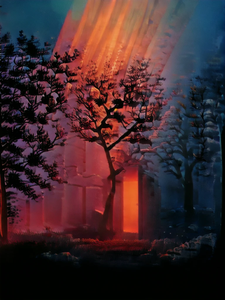 a red light shines on a tree in the dark forest at night time with a red light shining on the tree, Filip Hodas, octane renderer, a 3D render, neo-romanticism cinematic lighting, David Park, lights,