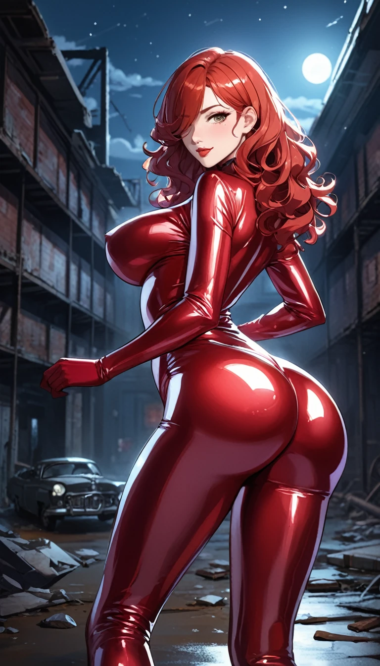 (((masterpiece))),(((High resolution)))、(((8K quality)))、(((Perfect Face)))、((Top quality eyes)), Attractive 40 year old woman, Anime Style、Too many bangs、Wavy Hair, Medium Hair, ((Hair on one eye)), Redhead, Small eyes, Brown eyes, Beautiful Eyes、red and thick lips、Big Breasts、Big Ass、Cleavage, Female Spy、Full Body Suit, latex, (Shiny clothes), Outdoor, night, Cowboy Shot, Buckshot、In an abandoned warehouse、Ass Focus、Captivating smile