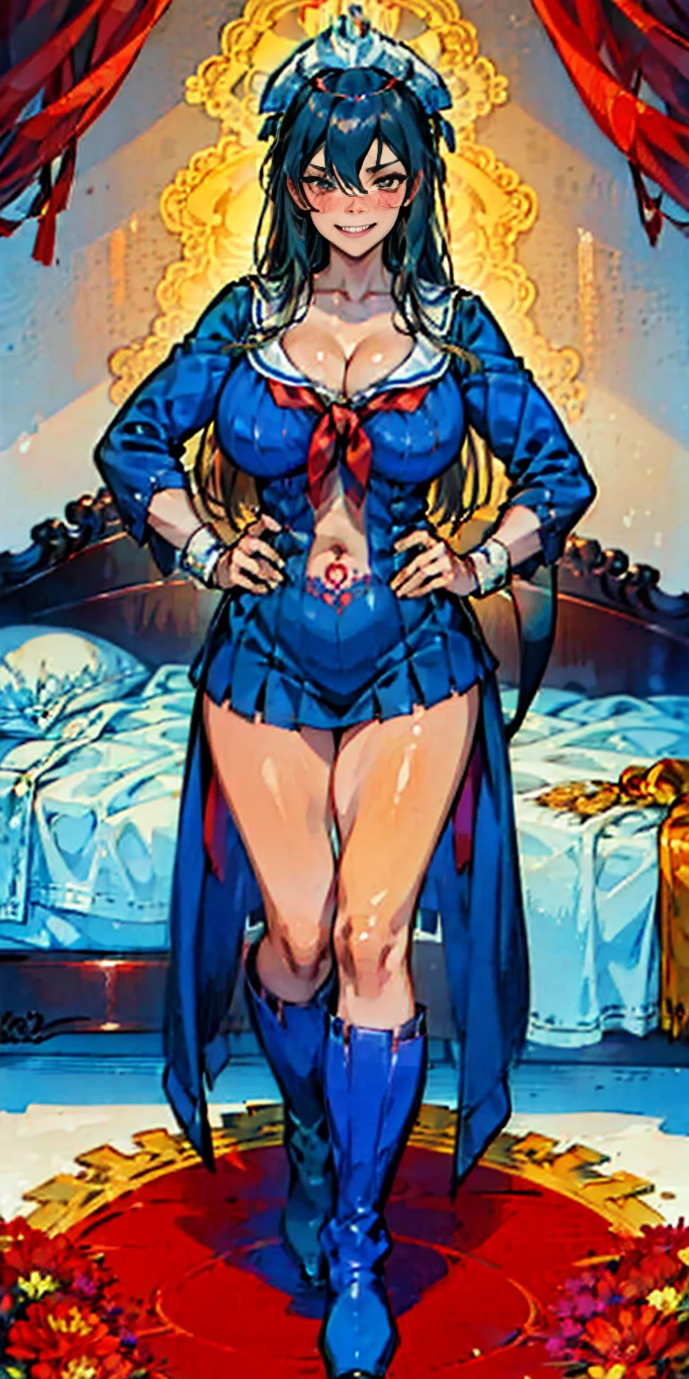 woman bodybuilder with very large calves very beautiful resemblance sailor uniform, full body standing symmetrical lustful smirking smile face (red blush), martial art, bouquet of flowers holding, full body toe to head, feet together, high boots, big breast, paladin warrior knight, hands on hips. red tattoo on belly, bedroom background, royal bedroom